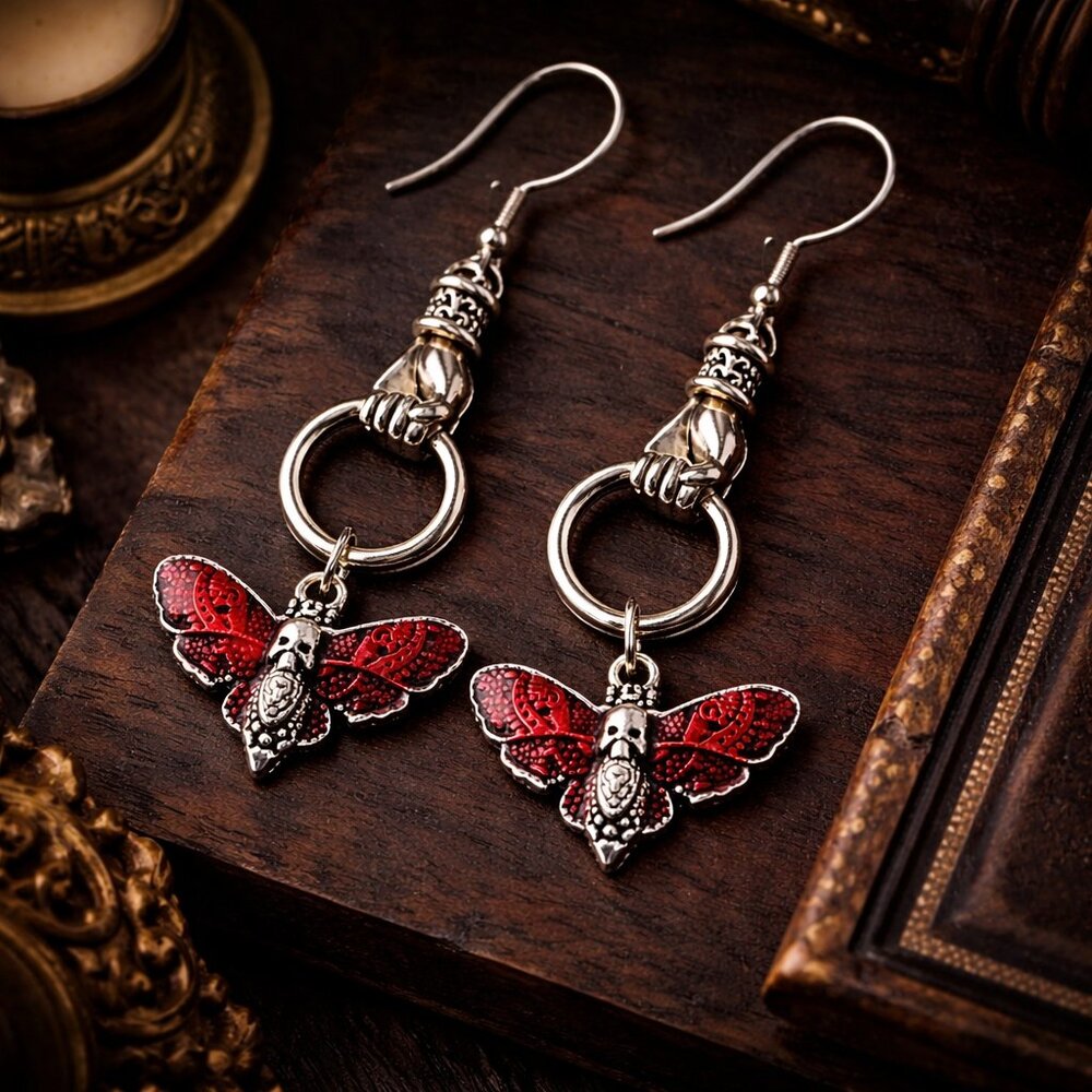 Bloodwing Relics™ Moth Earrings | Gothic Red Wing Earrings | 925 Sterling Hooks